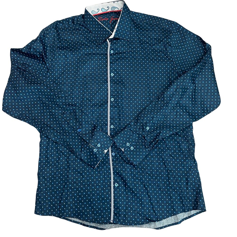 Dolce Guava Navy Blue Polka Dotted, Long Sleeve, Button Down Dress Shirt- 2XL